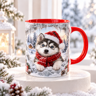 Vánoční hrnek „Sibiřský husky ve sněhu“ – 330 ml